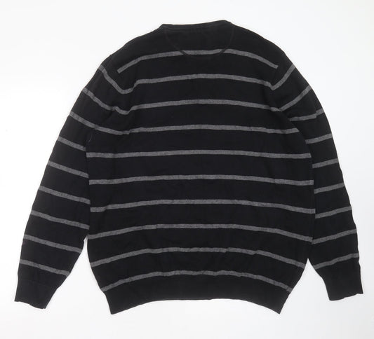 Atlantic Bay Mens Black V-Neck Striped Cotton Pullover Jumper Size XL