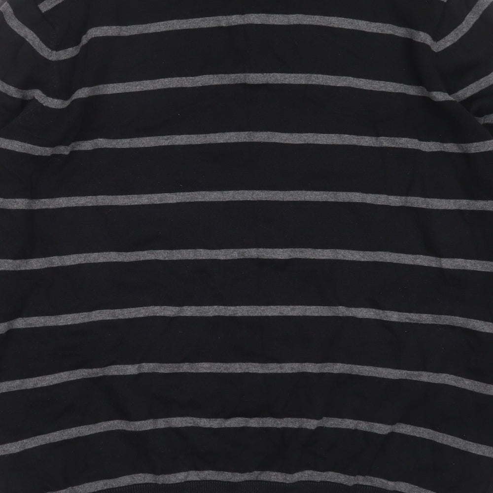 Brand and care label for Atlantic Bay men’s black v-neck striped cotton jumper, size XL