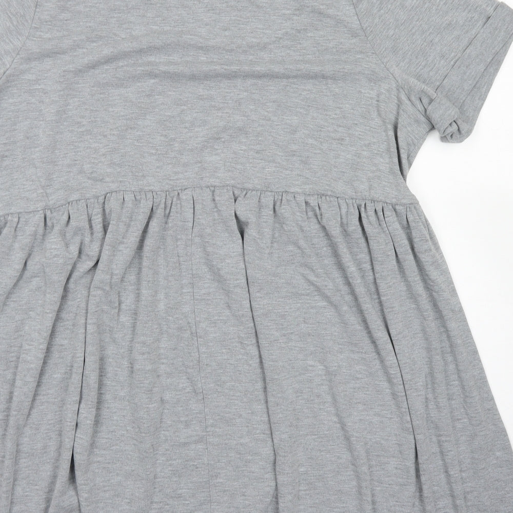 Brand and care label for PRETTYLITTLETHING women’s grey viscose skater dress, size UK 6, crew neck