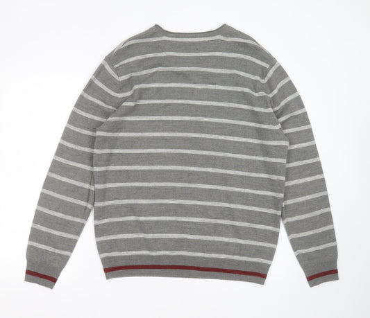 Burton Mens Grey Round Neck Striped Acrylic Pullover Jumper Size L