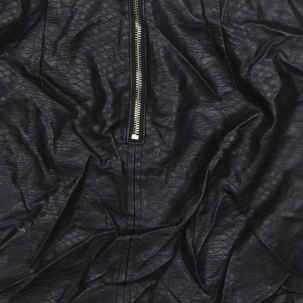 Brand and care label for F&F women’s black polyurethane a-line skirt, size UK 6, zip