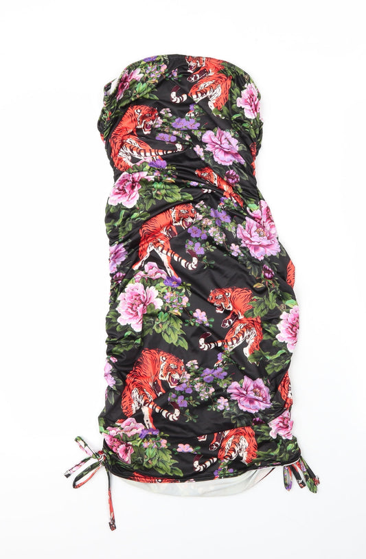 PRETTYLITTLETHING Womens Black Floral Polyester Bodycon Size 12 One Shoulder