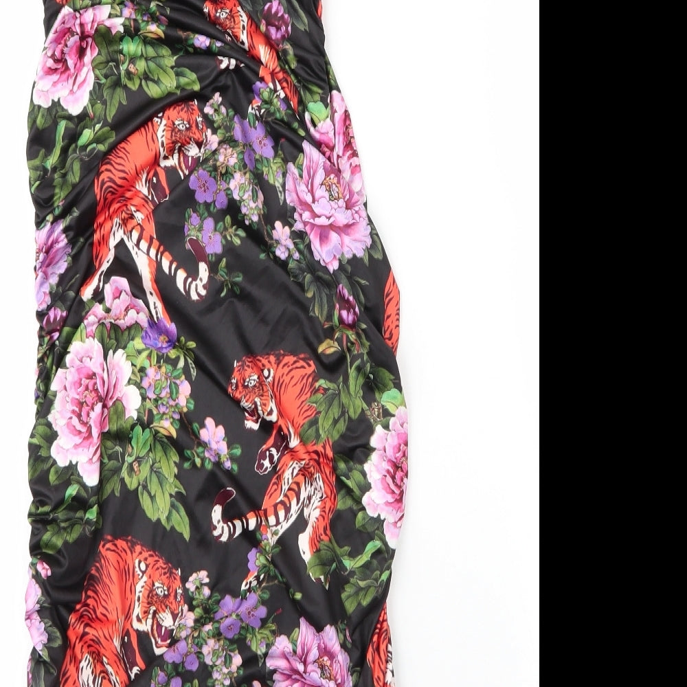 Brand and care label for PRETTYLITTLETHING women’s black floral polyester bodycon, size UK 12, one shoulder