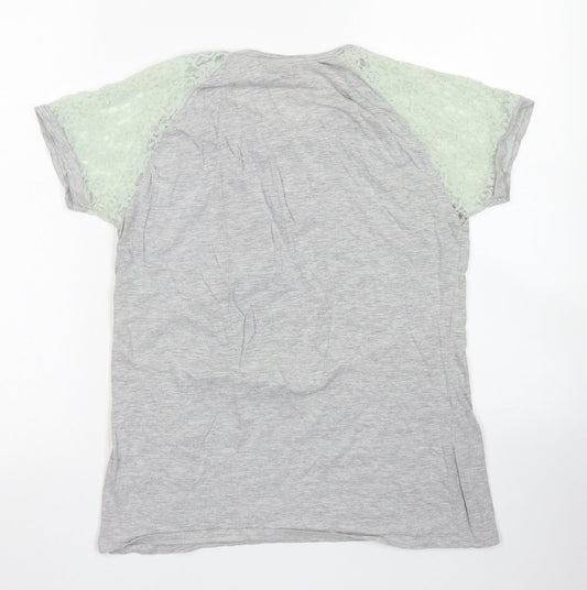 Beyou Womens Grey Cotton Basic T-Shirt Size 12 Crew Neck - Lace Sleeve details