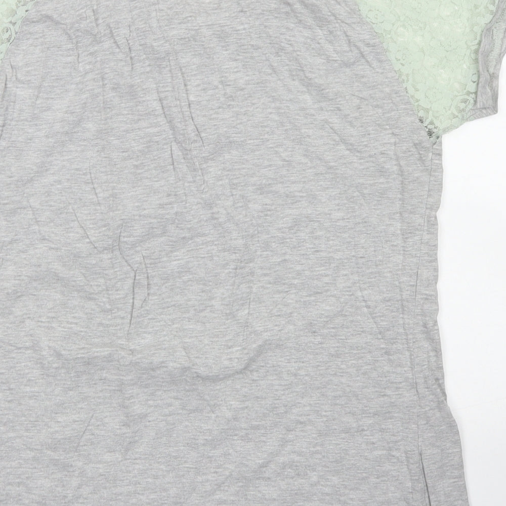 Beyou Womens Grey Cotton Basic T-Shirt Size 12 Crew Neck - Lace Sleeve details