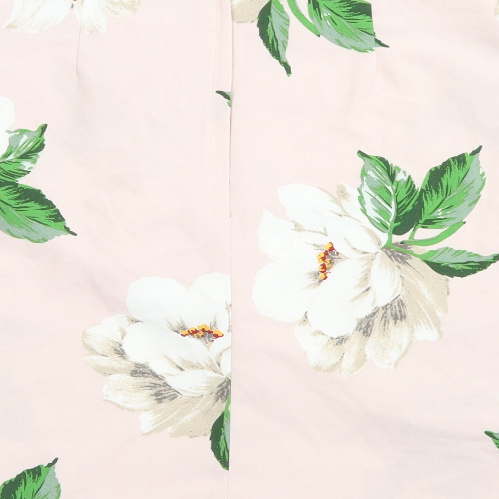 Brand and care label for Atmosphere women’s pink floral polyacrylate fibre a-line skirt, size UK 12, zip