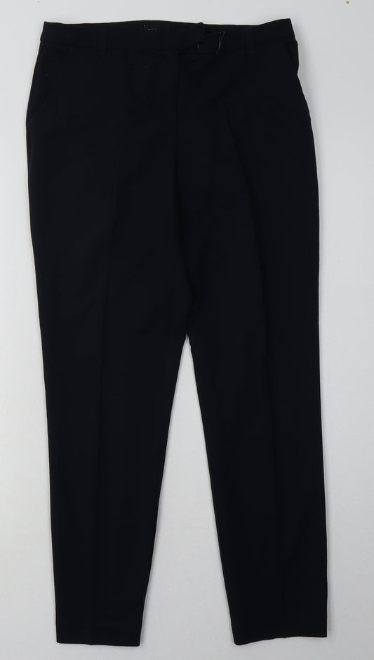 Additional front view of Topshop women’s blue polyester trousers, size UK 10, 30-inch leg regular hook & eye