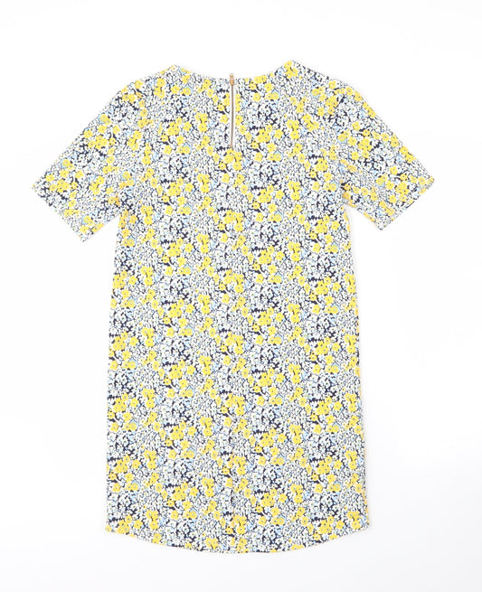 Warehouse Womens Yellow Floral Polyester Shift Size 8 Round Neck Zip