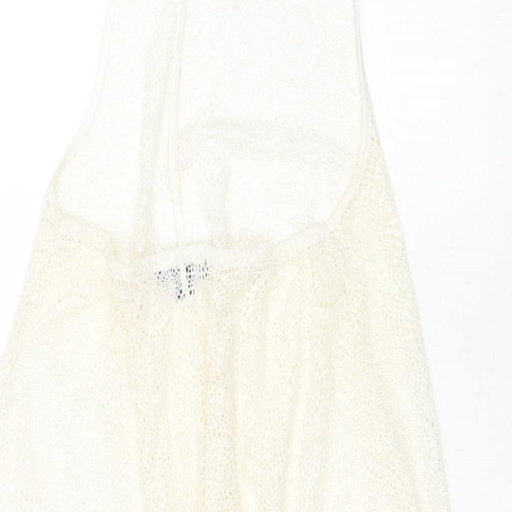 Primark Womens Ivory Geometric Nylon Basic Blouse Size S V-Neck - sheer crochet