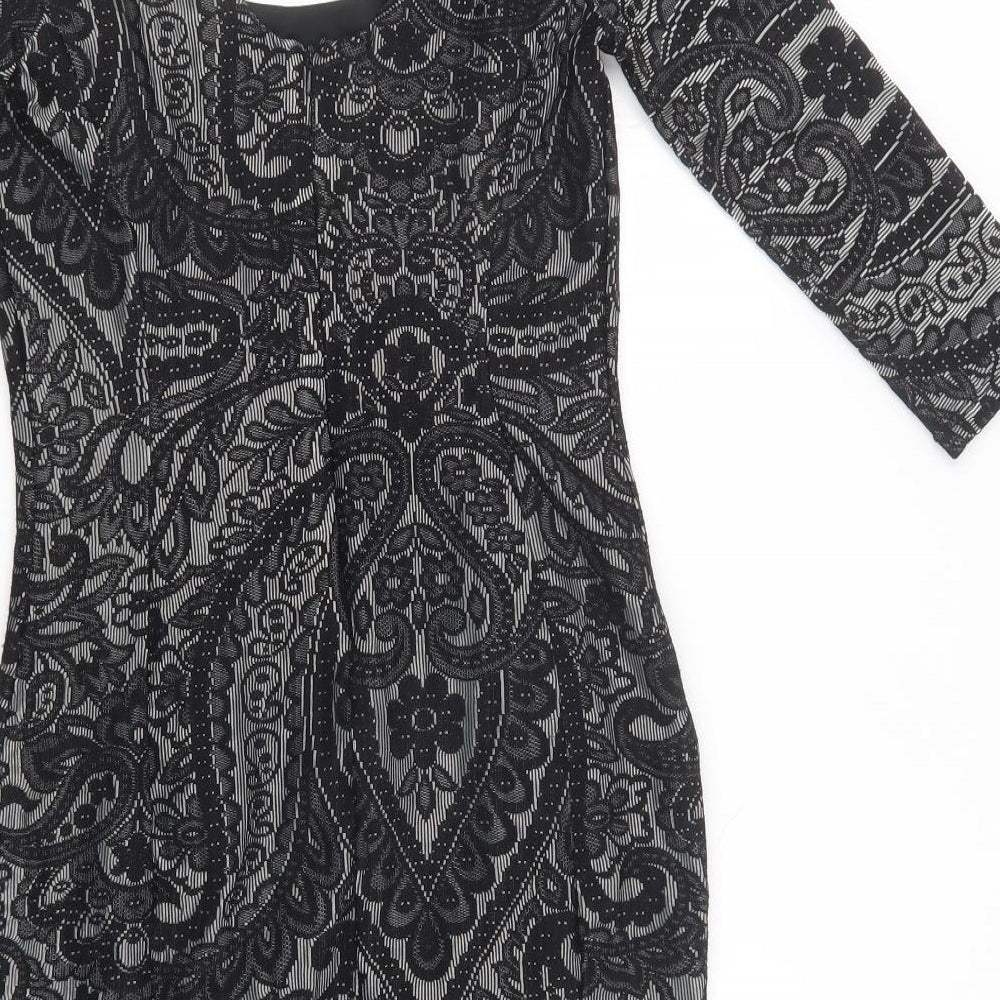 Brand and care label for Miss Selfridge women’s black floral polyamide bodycon, size UK 10, scoop neck - lace overlay