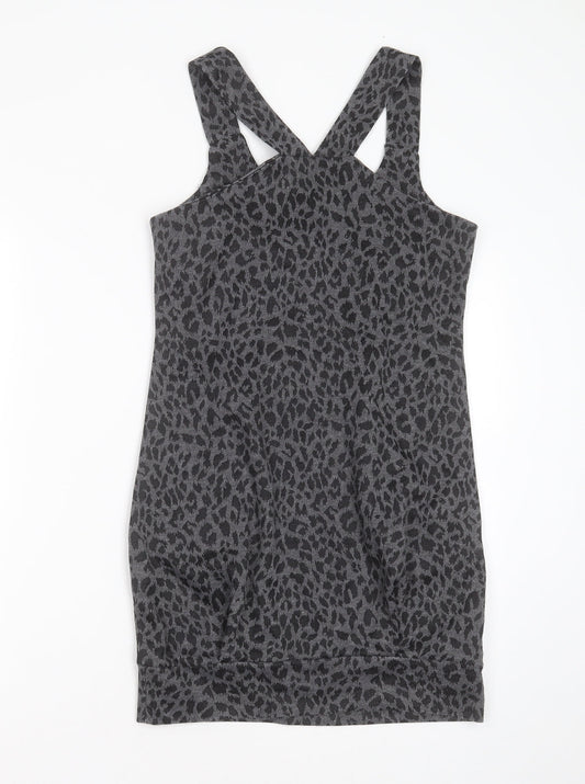 Preworn Womens Grey Animal Print Polyester Mini Size 8 Round Neck