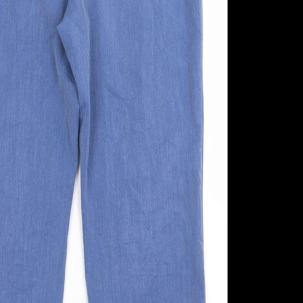 Brand and care label for emma women’s blue polyester trousers, size UK 12, 28-inch leg regular