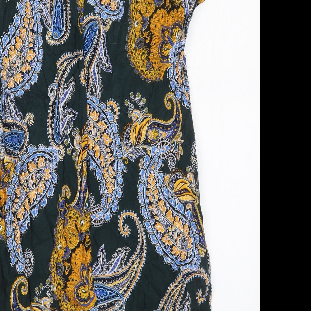 Brand and care label for Dorothy Perkins women’s multicoloured paisley viscose mini, size UK 8, round neck zip