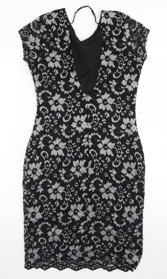 Quiz Womens Black Floral Nylon Bodycon Size 12 Round Neck
