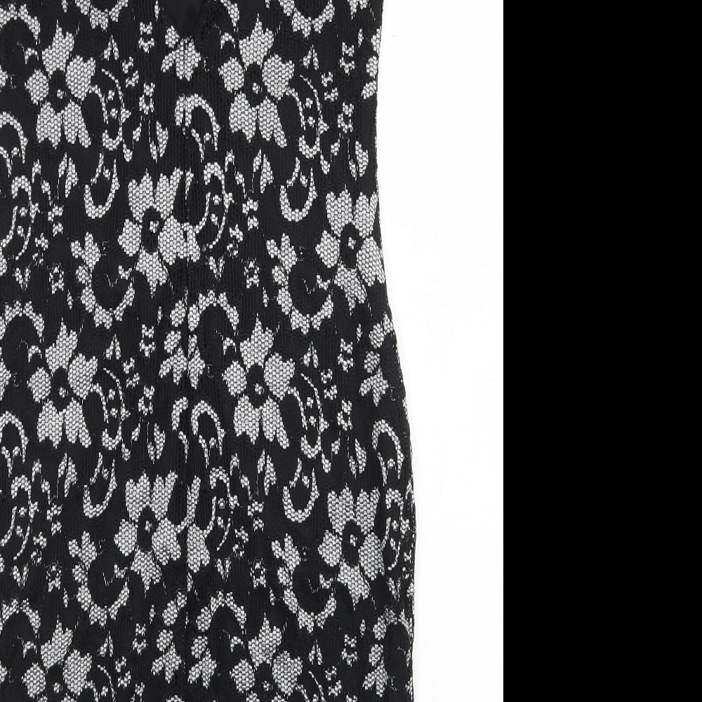 Brand and care label for Quiz women’s black floral nylon bodycon, size UK 12, round neck