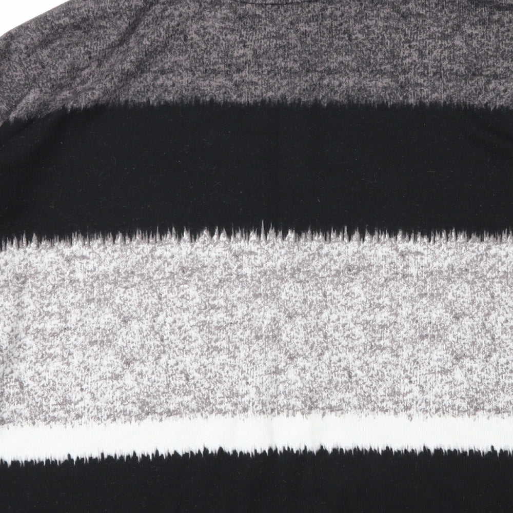 Brand and care label for Debenhams women’s grey mock neck striped polyester jumper, size UK 12