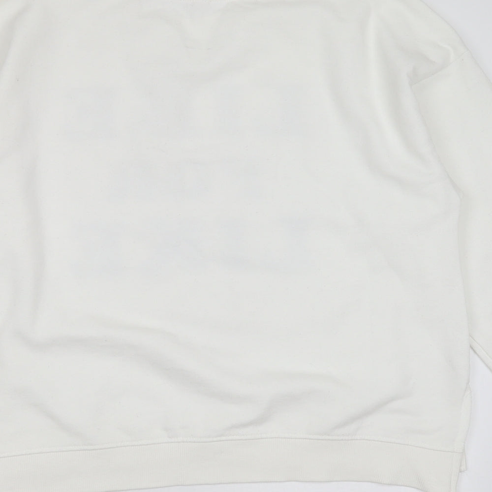 Brand and care label for Bershka women’s white cotton blend pullover sweatshirt, size L, - like for like
