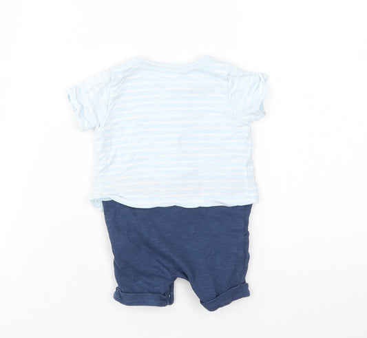 M&S Baby Blue Striped Cotton Romper One-Piece Size 0-3 Months Snap