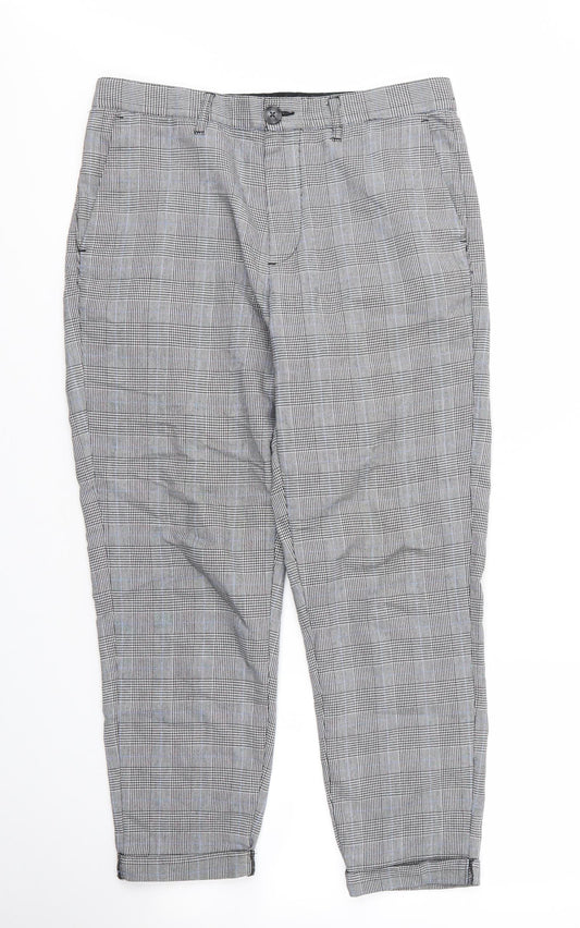 Additional front view of Only & Sons women’s grey plaid viscose capri trousers, size UK 8, 25-inch leg regular zip