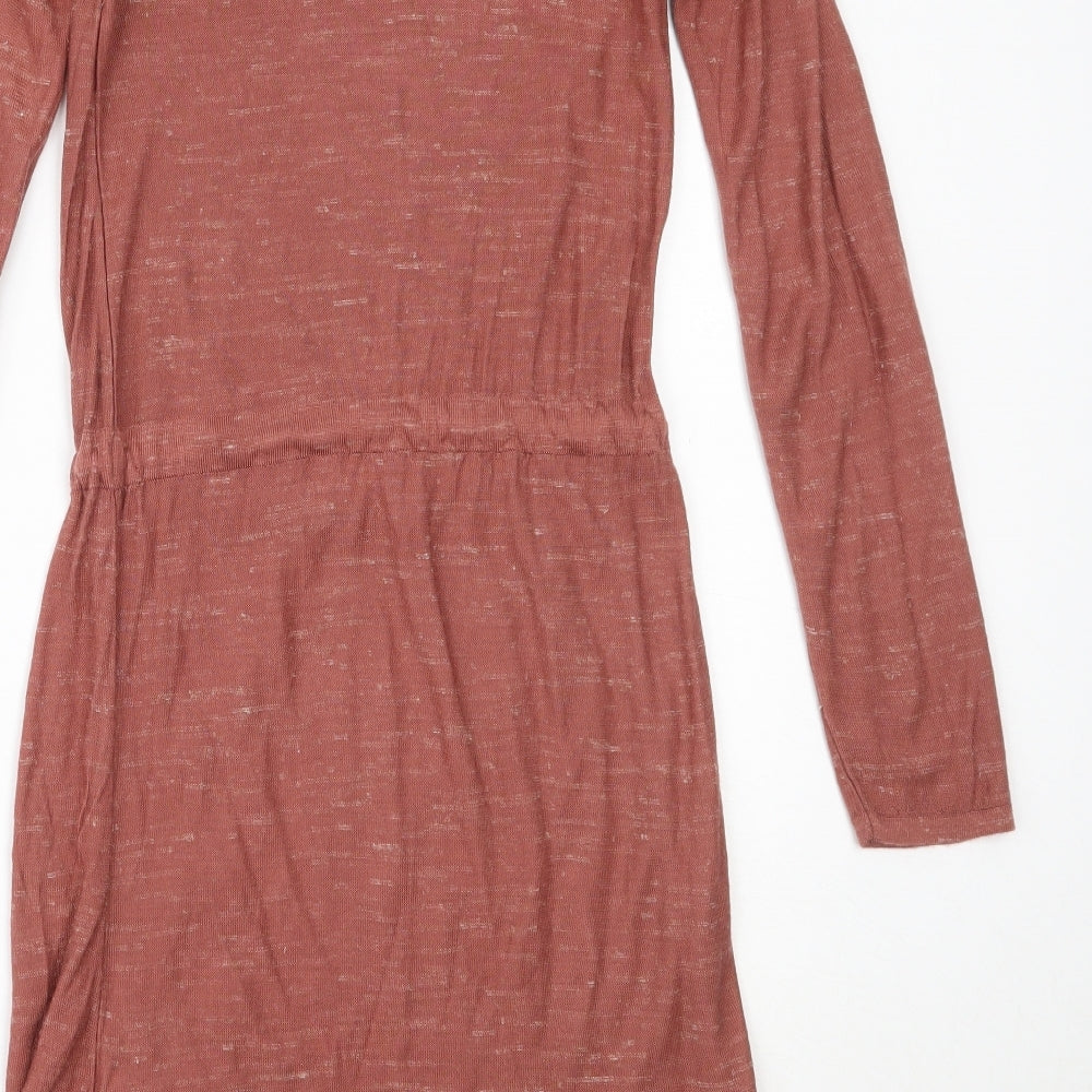 Brand and care label for ASOS women’s pink acrylic fit & flare, size UK 8, round neck