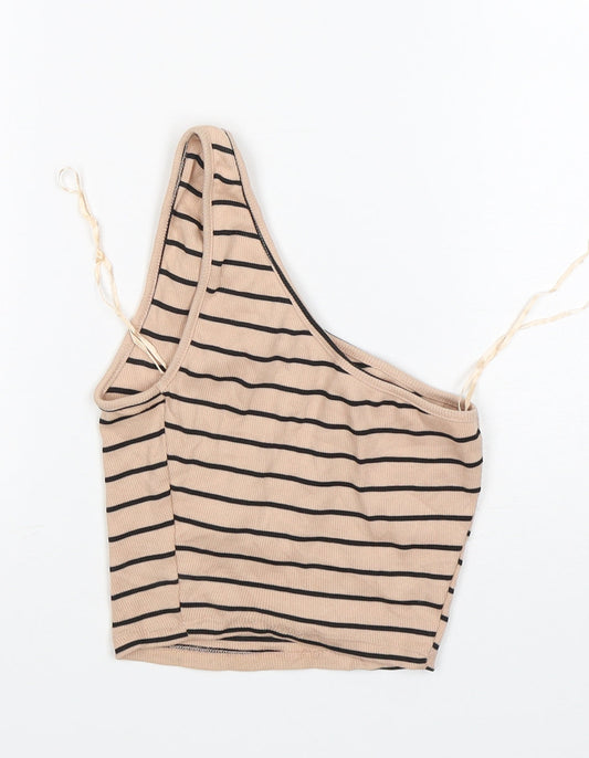 Primark Womens Beige Striped Cotton Cropped Tank Size 2XS One Shoulder