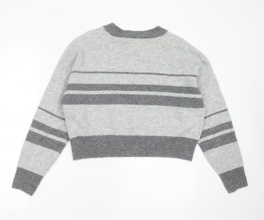 Topshop Womens Grey Round Neck Striped Acrylic Pullover Jumper Size 8