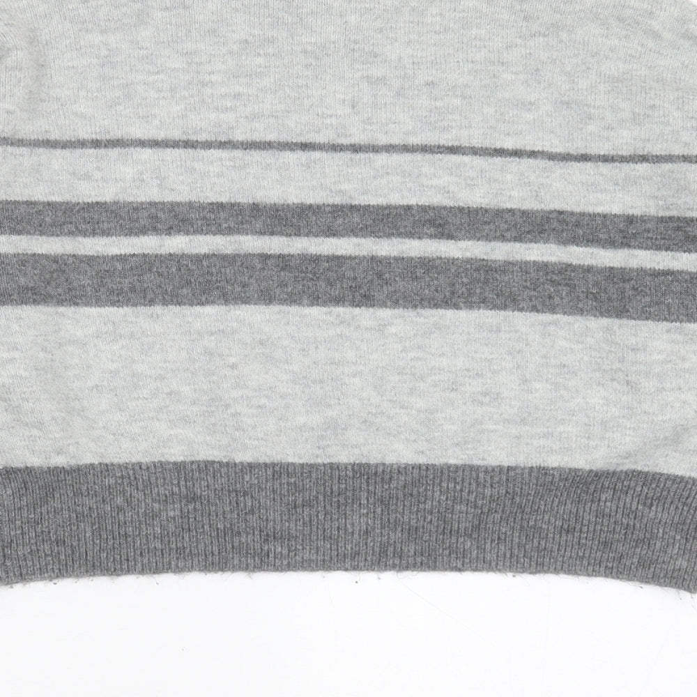 Brand and care label for Topshop women’s grey round neck striped acrylic jumper, size UK 8