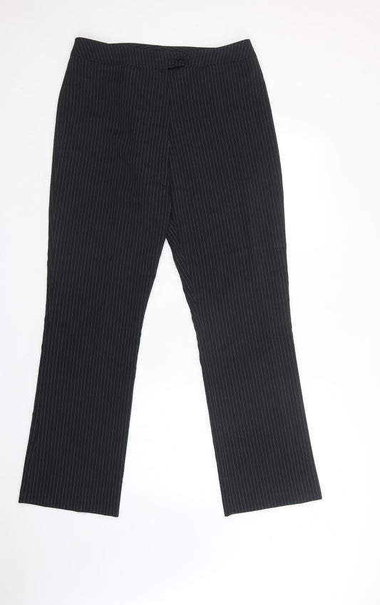 Additional front view of AMARANTO women’s black striped polyester dress pants trousers, size UK 16 regular button