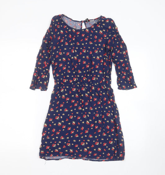 Additional front view of Divided by H&M women’s blue floral viscose fit & flare, size UK 6, round neck