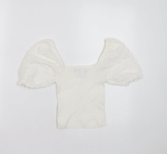 Bershka Womens White Polyester Blend Basic T-Shirt Size XS Square Neck - broderie sleeves