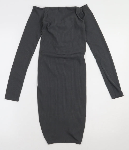 PRETTYLITTLETHING Womens Grey Polyester Bodycon Size 6 Off the Shoulder Pullover - ribbed fabric