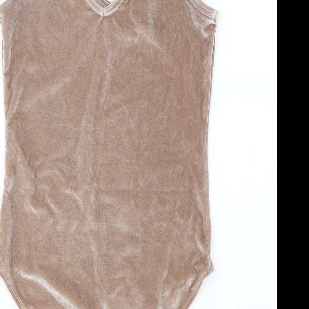 Brand and care label for River Island women’s brown polyester bodysuit one-piece, size UK 6, pullover