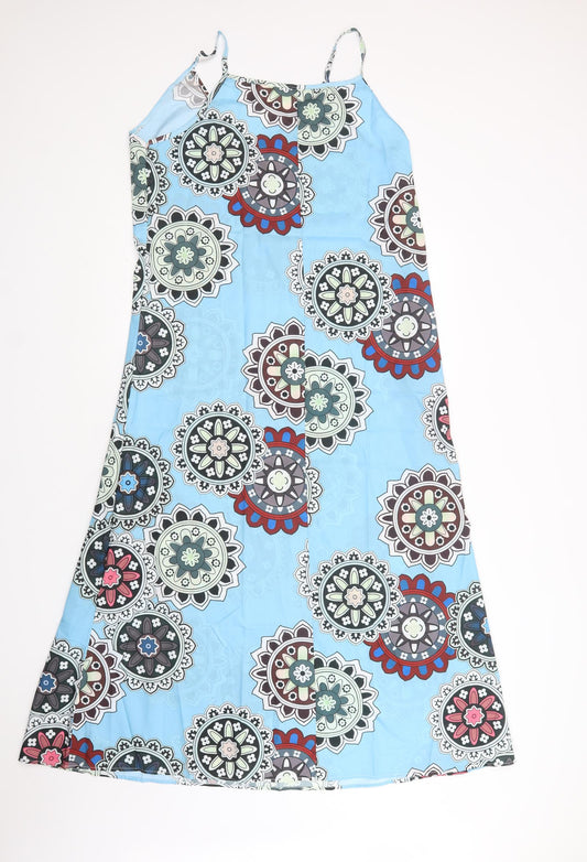 Preworn Womens Blue Floral Polyester Slip Dress Size L V-Neck