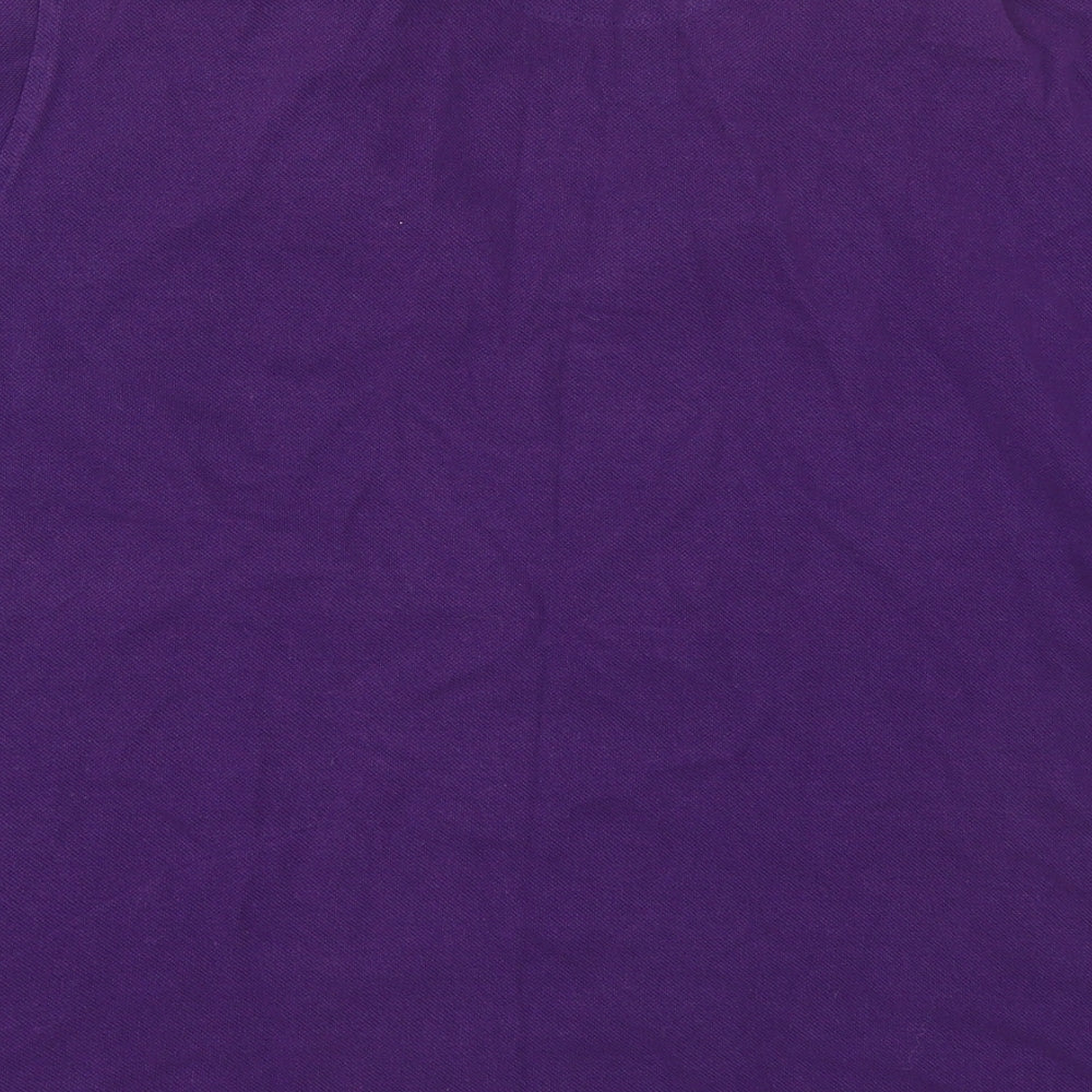 Brand and care label for EWM women’s purple cotton cropped polo, size XL, collared