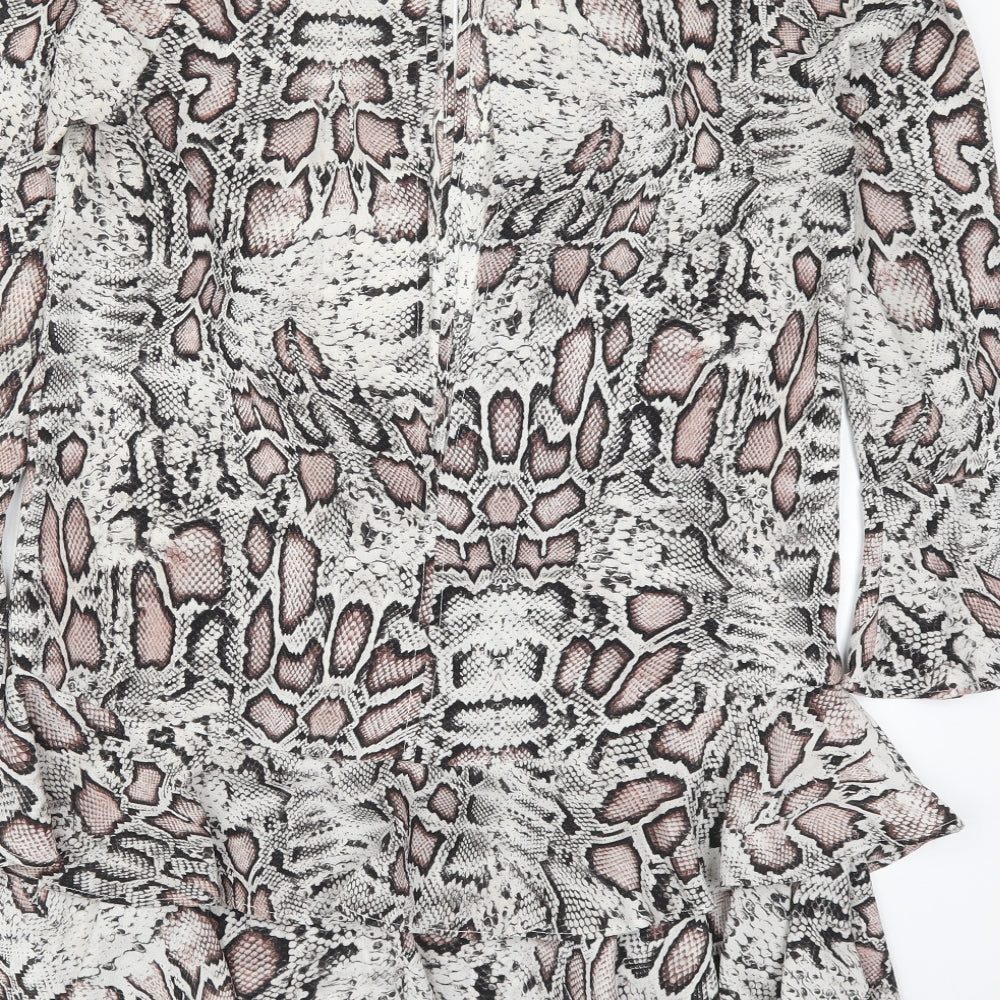 Brand and care label for Mango women’s grey animal print polyester skater dress, size S, round neck button