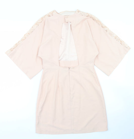 ASOS Womens Pink Polyester Pencil Dress Size 4 Crew Neck Zip - Lace sleeve detail, open back