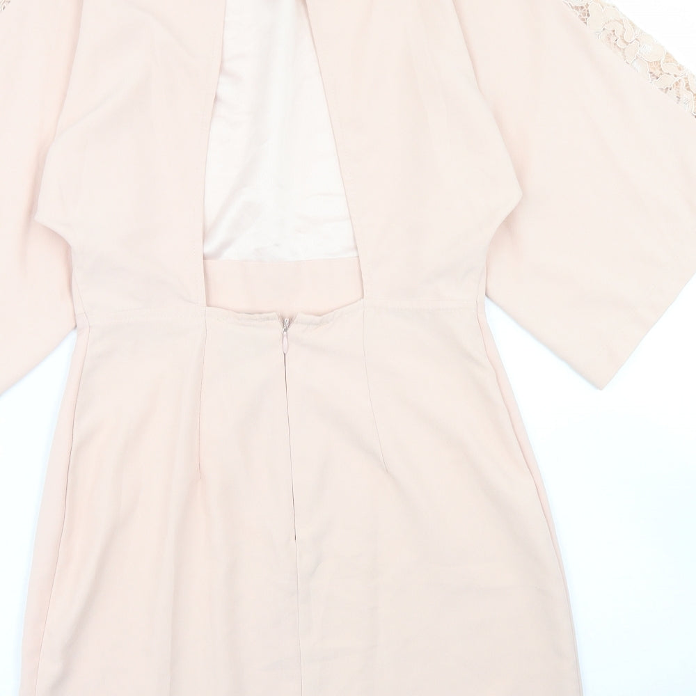 Brand and care label for ASOS women’s pink polyester pencil dress, size UK 4, crew neck zip - lace sleeve detail, open back