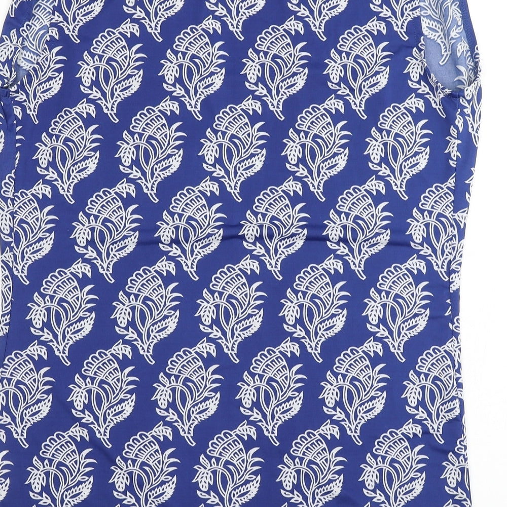 Brand and care label for Originals women’s blue floral polyester basic blouse, size UK 12, round neck
