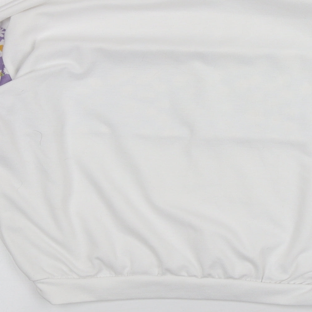 Brand and care label for I SAW IT FIRST women’s white floral polyester pullover sweatshirt, size UK 6