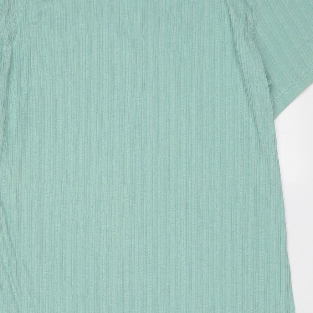 Brand and care label for SHEIN women’s green striped polyester t-shirt dress, size L, collared