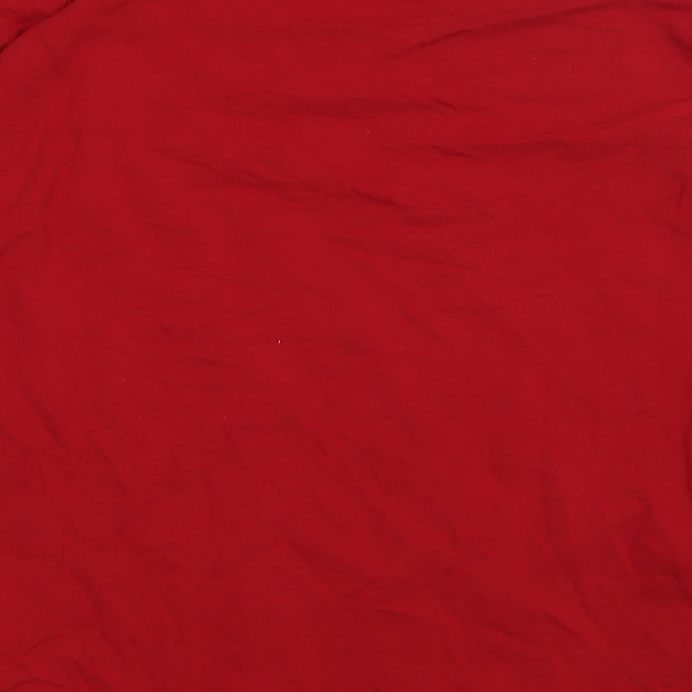 Brand and care label for Up2Fashion women’s red cotton pullover sweatshirt, size L, pullover