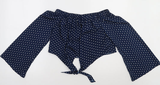 Additional front view of QED London women’s blue polka dot polyester cropped blouse, size UK 10, off the shoulder