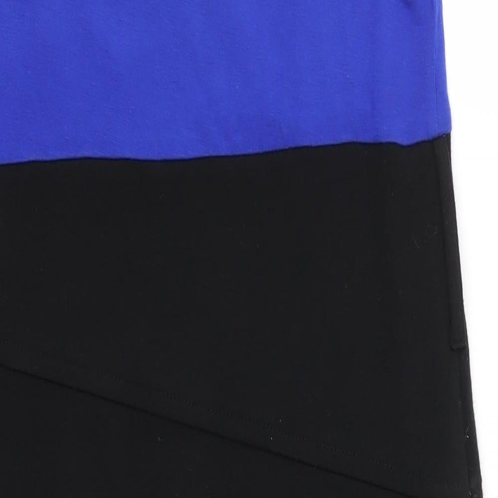 Brand and care label for Dorothy Perkins women’s blue viscose pencil dress, size UK 12, round neck