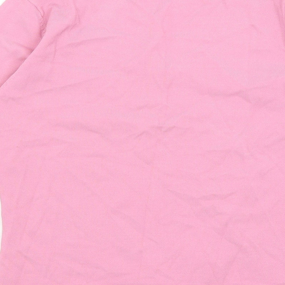 Brand and care label for Colour Works women’s pink viscose basic t-shirt, size S, v-neck