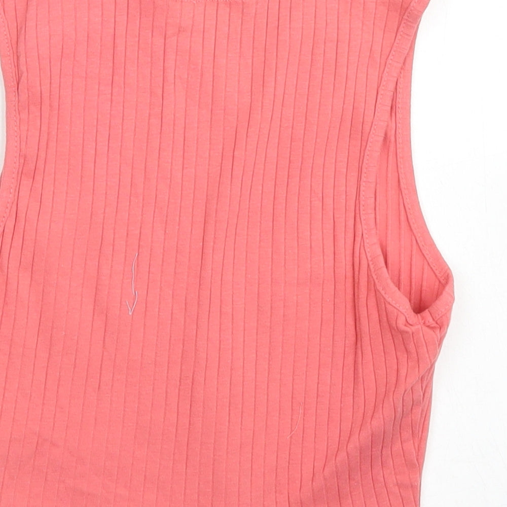 Brand and care label for SHEIN women’s pink cotton cropped tank, size XS, crew neck - lettuce edging