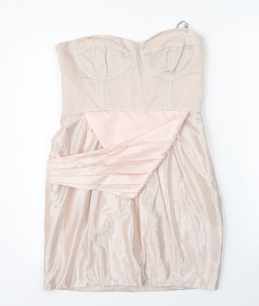 Additional front view of Debenhams women’s gold viscose a-line, size UK 12, sweetheart zip