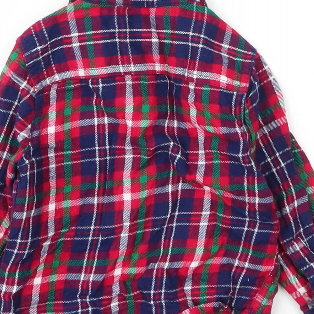 Brand and care label for F&F boys’ red plaid cotton basic button-up, size 18-24, months collared button