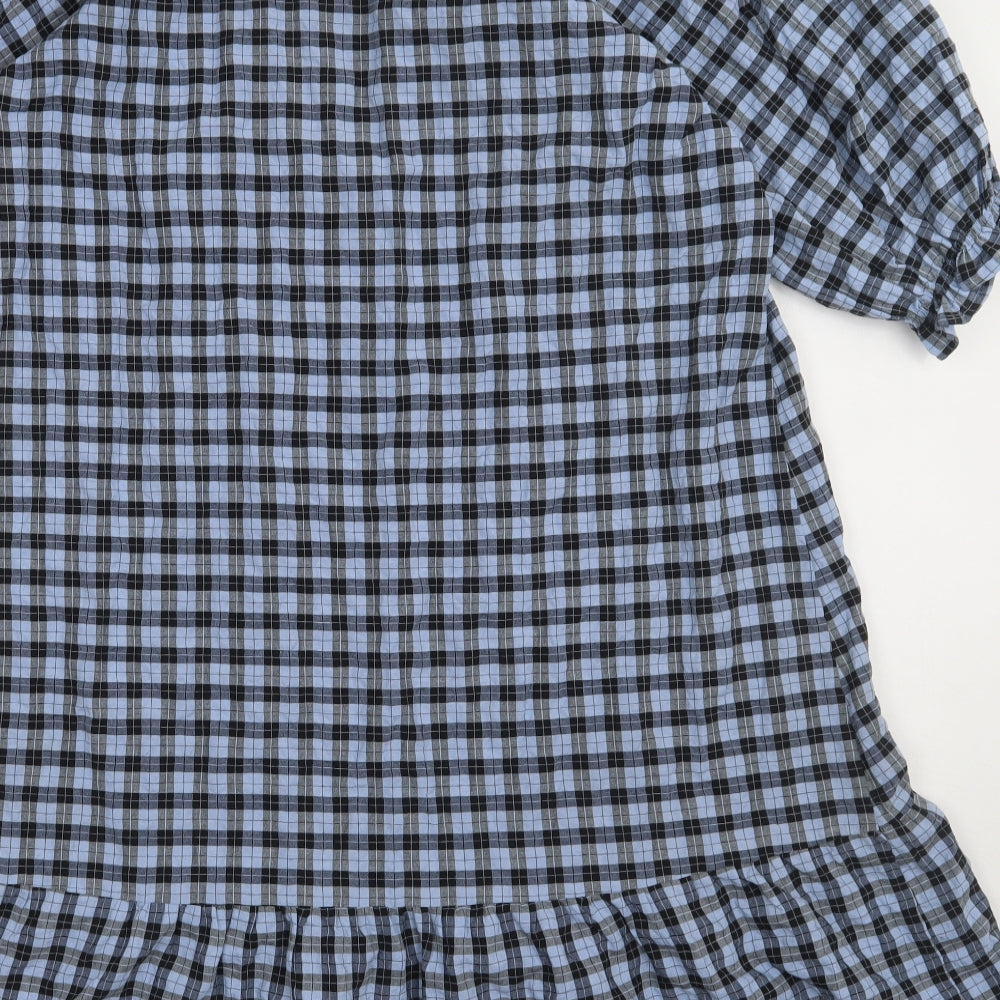 Brand and care label for Next women’s blue check cotton a-line, size UK 10, v-neck pullover