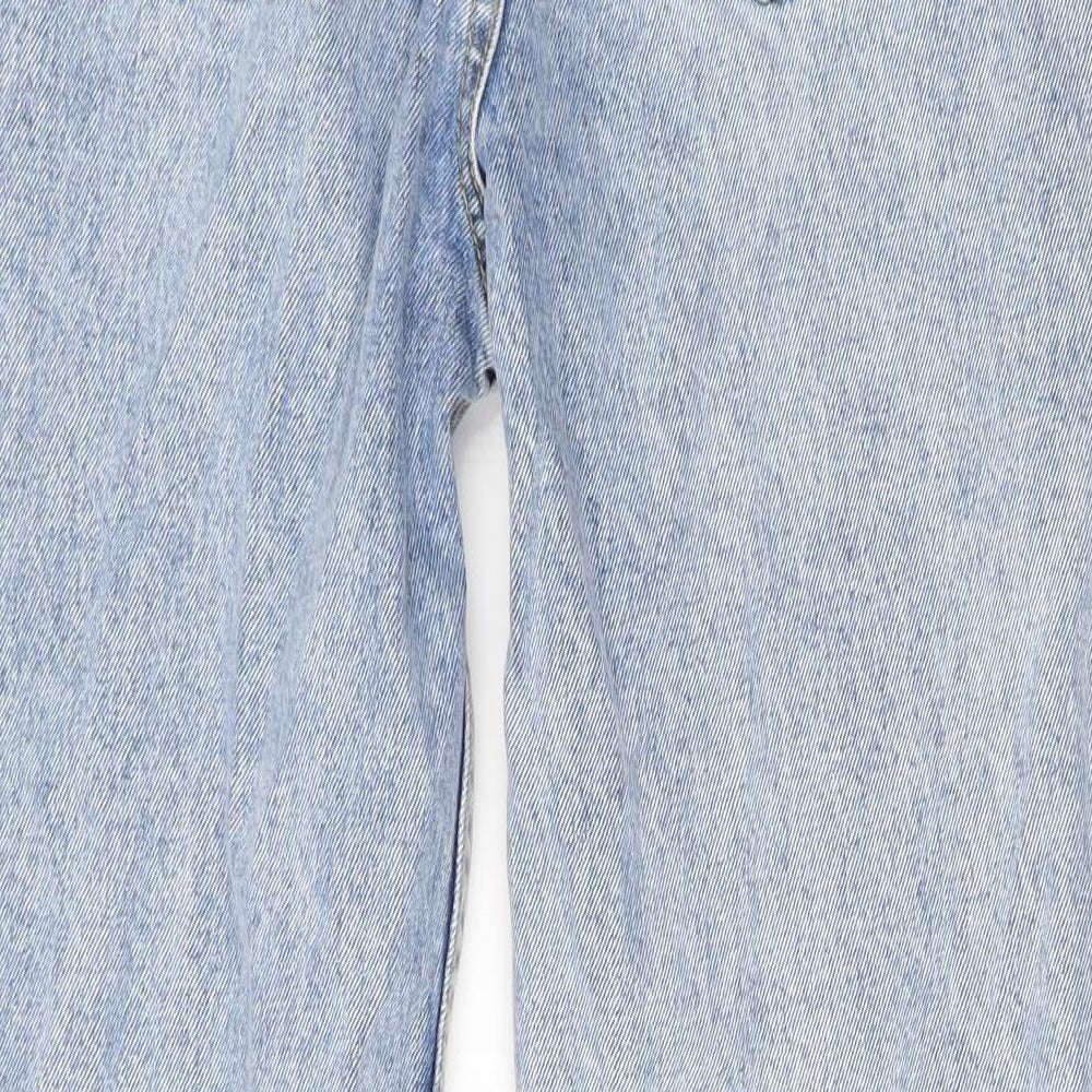 Brand and care label for Denim & Co. women’s blue cotton straight jeans, size UK 4, 25-inch leg regular button