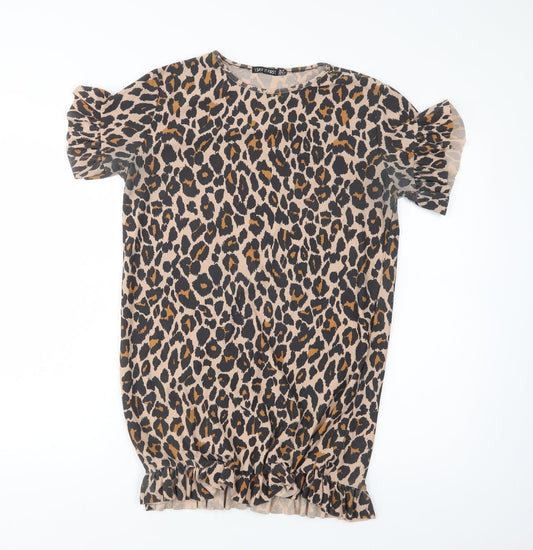 Additional front view of I Saw It First women’s brown animal print polyester t-shirt dress, size UK 6, crew neck